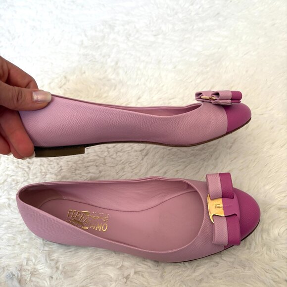 Salvatore Ferragamo Pink Saffiano Ballerinas Varina Flats Bicolor - Picture 1 of 14